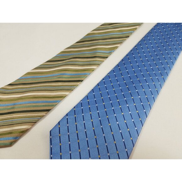 Geoffrey Beene Mens Necktie Silk lot of 2 Blue Dots Green Blue Tan Stripes ties - Picture 2 of 7